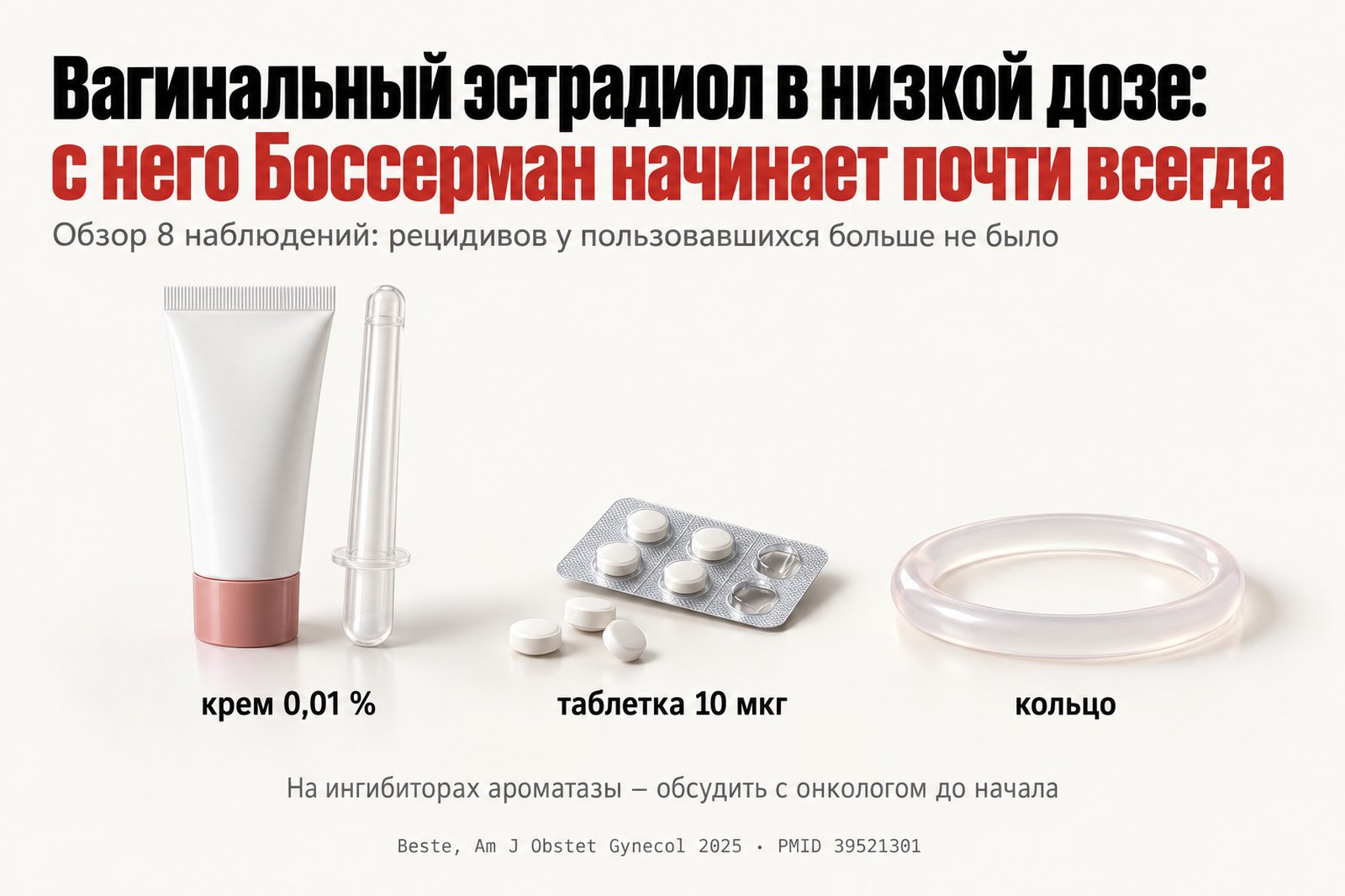 Вагинальный эстрадиол в низкой дозе: крем 0,01 %, таблетка 10 мкг, кольцо
