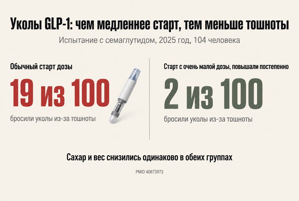 Уколы GLP-1: медленный старт дозы и тошнота, 19 из 100 против 2 из 100
